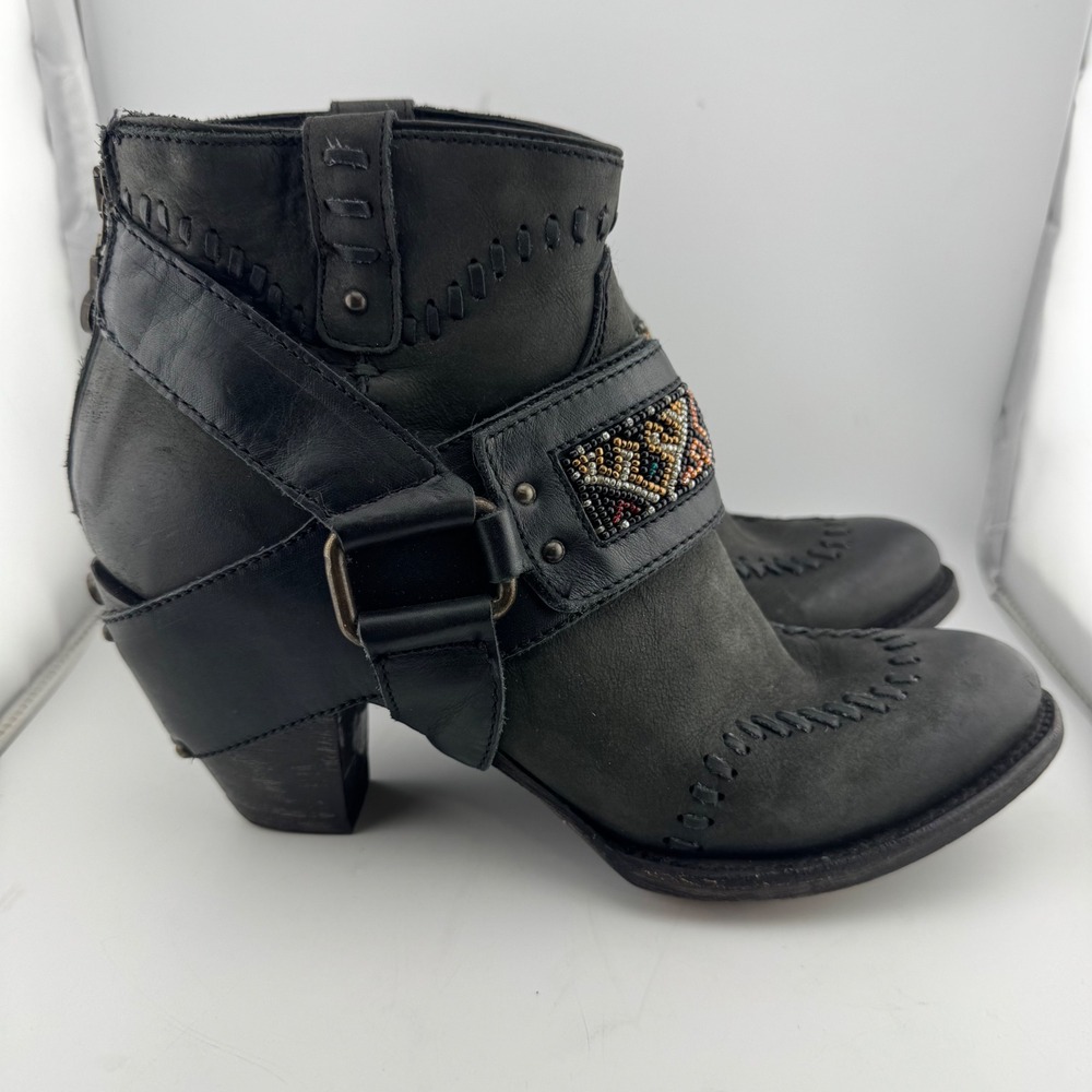 Double D Ranch Ankle Boots 10.5 Black Excellent Beaded Harness Leather DD9046B
